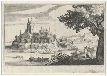Heuvellandschap met een kasteel op een eiland
