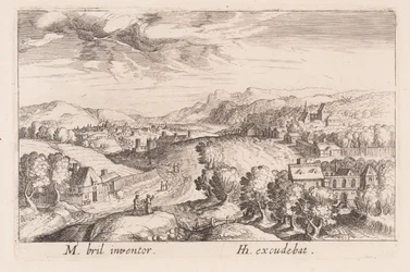 Heuvelachtig landschap met drie paren, uit Topographia Variarum Regionum