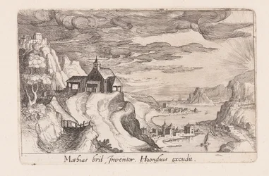 Landschap met een rivierdal en een kerk op een heuvel, uit Topographia Variarum Regionum