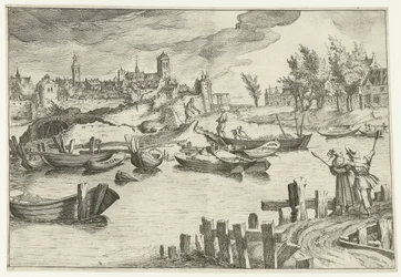 Rivierlandschap met een stad op de achtergrond
