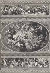 De apotheose van James I in een ovaal in het midden, friezen met putti en guirlandes