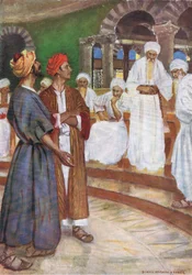 De moed van Petrus en Johannes, uit Het Bijbel Prentenboek gepubliceerd door Thomas Nelson, ca.1950