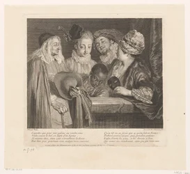 Gezelschap van vijf acteurs bij een parapet Oeuvre van Antoine Watteau