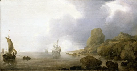 Boten in de ondiepe wateren van een rotsachtige baai, een romantische en geïdealiseerde visie