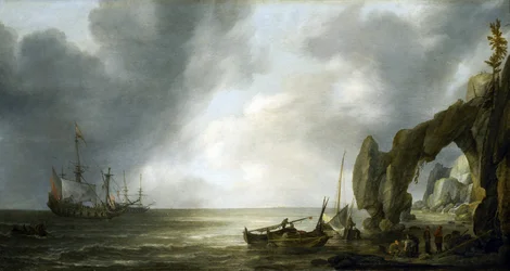 Nederlandse oorlogsschepen voor anker bij een rotsachtige kust, enkele bemanningsleden aan land, verzameld rond vismanden