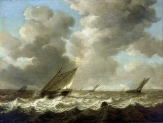Vissersboten op ruwe zee, aan de horizon is de Nederlandse kust zichtbaar