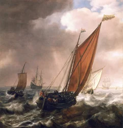 Klein Nederlands transportschip, voor de bries, in de kalme, ondiepe wateren langs de kust, met de vlag van de Admiraliteit van Zeeland (noordoosten van Nederland) evenals die van Holland