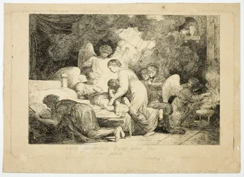 De Heilige Familie bediend door engelen