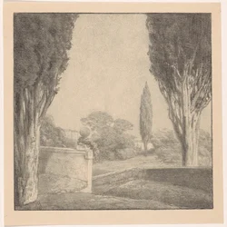 Landschap met muur en cipres