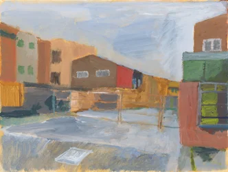 Voorplein en gebouwen, 2025 (acryl op canvasboard)