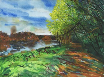 Theems, Richmond, 2014 (aquarel, gouache en oliepastel op papier)