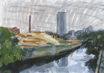 River Wandle en Ram Brewery herontwikkelingsgebied, Wandsworth, 2025 (acryl, acrylverfpennen, Oost-Indische inktpennen, inktpennen op oliebasis en grafiet op papier)