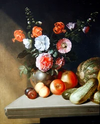 Een stilleven van rozen, riddersporen en lelies