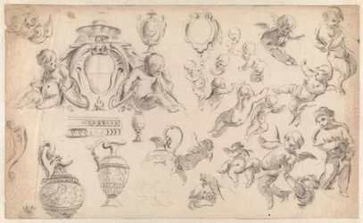 Studie voor een decoratie met putti en ornamenten