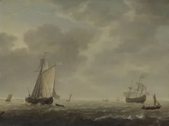 Een Nederlands oorlogsschip en verschillende schepen in een bries, c. 1640