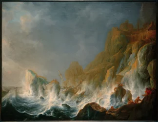 Schipbreuk in een zeestorm aan een rotskust