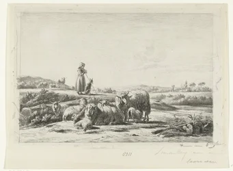 Landschap met herderin en hond bij kudde schapen