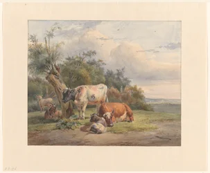Landschap met vee bij een boom