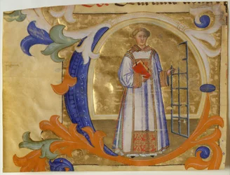 Manuscriptverlichting met Sint Laurentius in een initiaal C, uit een Graduale