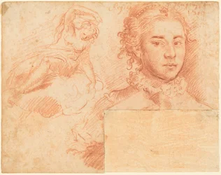 Portret van een koningin en studie van een vrouw zittend op een wolk; verso, slapende figuur