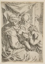 Heilige Familie met Johannes de Doper die de hand van het kind Christus kust, ca. 1642
