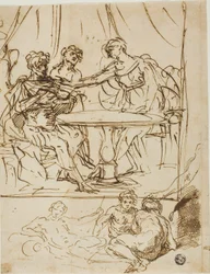 Judith met het Hoofd van Holofernes en Schetsen van Riviergoden (recto); Vrouwelijk Hoofd, Opwaarts Kijken (verso)