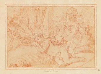Venus en de nimfen die Cupido ontwapenen (rood krijt op papier)