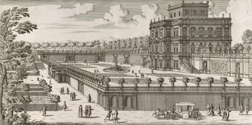 Zicht op de zijgevel van het Palazzo Pamphili en zijn tuin, na 1677
