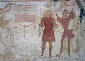 De aartsengel Michaël en de duivel met het boek van de zeven hoofdzonden (detail)