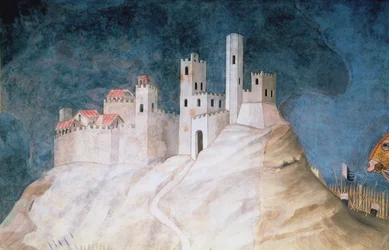 Herdenking van Guidoriccio da Fogliano bij het Beleg van Montemassi, detail van het Fort van Montemassi, uit de Sala del Mappamondo, 1328
