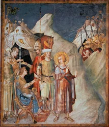Episodes uit het leven van Sint-Maarten: „Sint-Maarten van Tours doet afstand van de wapens”. Fresco van Simone Martini (1285-1344). 1312-1317 - Afmetingen 265 x 230 cm. Onderbasiliek van Sint-Franciscus van Assisi; Sint-Maartenskapel, Assisi