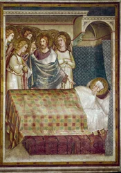 Fresco uit het leven van de heilige Martinus. De droom van de heilige Martinus: Christus, omringd door engelen, onthult hem dat hij de bedelaar was aan wie hij zijn mantel gaf.