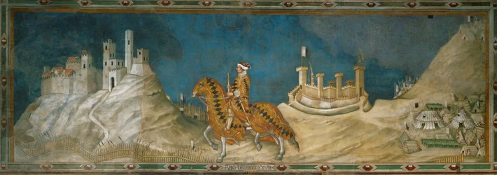 Guidoriccio da Fogliano, condottiere, rijdend door de kale bergen rondom Siena (muurschildering)