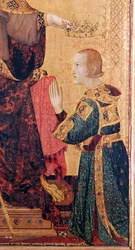 St. Louis van Toulouse (1274-97) kroont zijn broer, Robert van Anjou (1278-1343) van het Altaar van St. Louis van Toulouse, 1317 (detail)