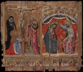 Klein altaarstuk met de Kruisiging, de Kroning van de Maagd Maria en Christus en de apostelen
