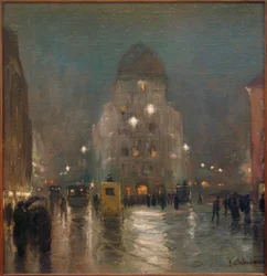 Uitzicht op de Stachus in München op een mistige winteravond