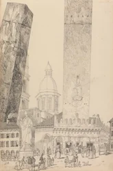Album van 30 Zichten in de Tirol en Italië: Scheve Torens, Standbeeld van St. Franciscus, Bologna 12 Nov. 1840
