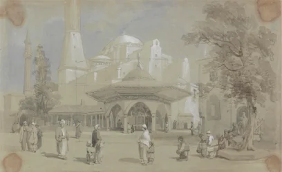 Uitzicht op de Hagia Sophia-moskee en Shadirvan-fontein, Istanbul