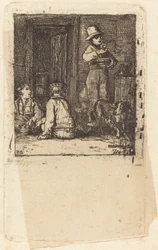 Interieur met Drie Jongens en een Hond