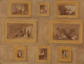 Het enige kind; De jodenharp; De gesneden vinger; Blindemannetje; De huurdag; De Schotse doedelzakspeler; De Prieu-Dieu; en Zelfportret: Een schets van de acht schilderijen ingelijst en aan de muur hangend