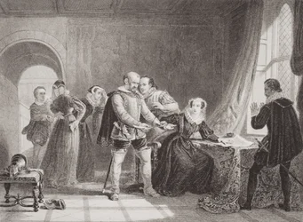 Mary Queen of Scots (1542-87) gedwongen haar troonsafstand te ondertekenen in Lochleven Castle in 1567, uit 