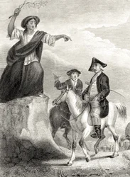 Meg Merrilies voorspelt de val van het huis van Ellangown, illustratie uit 