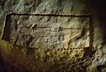 Prehistorische grottekening toont een zalm, van de Abri du Poisson ("Visrots")