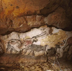 De Mythische Eenhoorn van Lascaux geschilderd meer dan 17.000 jaar geleden langs het witte calciet...