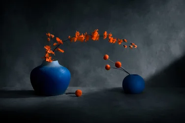 Blauwe vazen met oranje bloemen