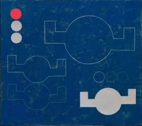 Compositie met cirkels en hoekige armen in lijnen en vlakken