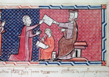 Een Vrouw die een Eed aflegt voor Koning Jacobus I (1207-76) van Majorca, detail van de magistraat, de vrouw en de schrijver, uit de Capbreu de Clayra et de Millas, 1292 (detail)