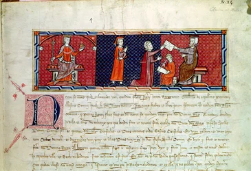 Een vrouw legt een eed af voor koning Jacobus I (1207-76) van Majorca, uit de Capbreu de Clayra et de Millas, 1292