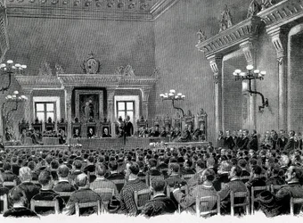 Een bijeenkomst van Catalaanse nationalisten in het stadhuis van Manresa voor het opstellen van de 16 grondslagen van de Catalaanse regionale grondwet in 1892. Tekening van Jaume Pahissa.