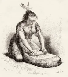 Een inheemse Guayan-vrouw die graan vermaalt (gravure)